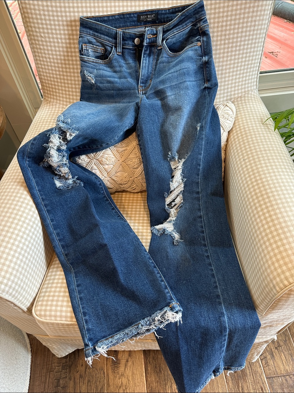 Judy Blue Dark Blue Distressed Flare Dad Jeans